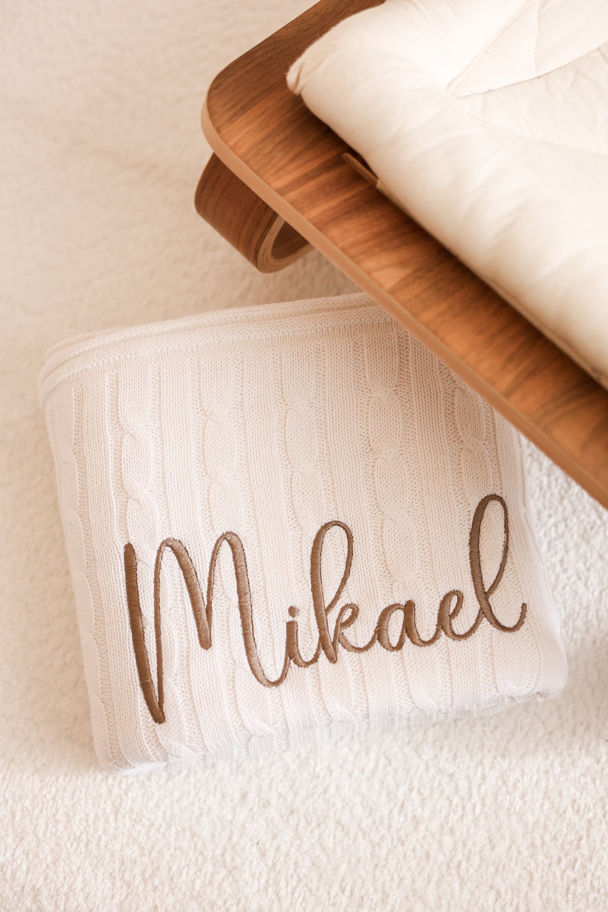 White Sherpa Lined Cable Knit Baby Blanket