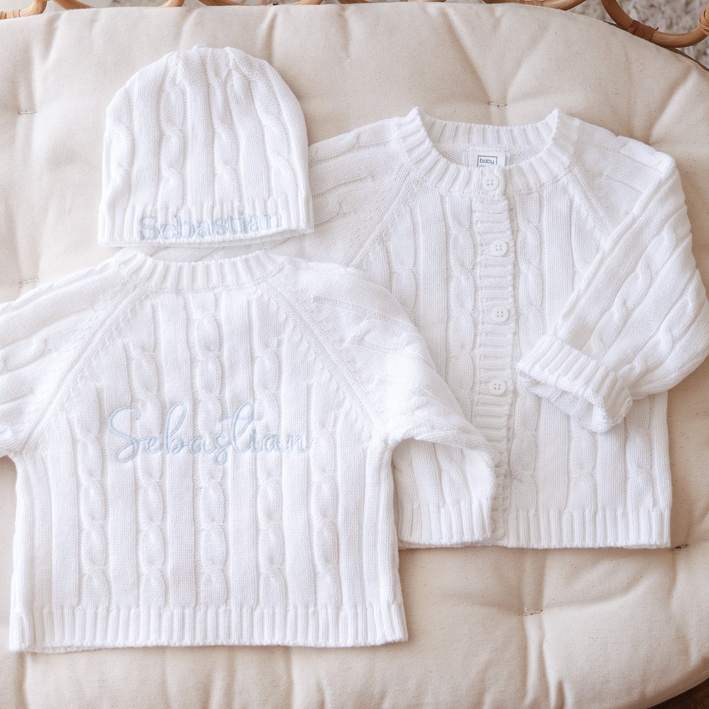Personalized Cable Knit Cardigan + Hat