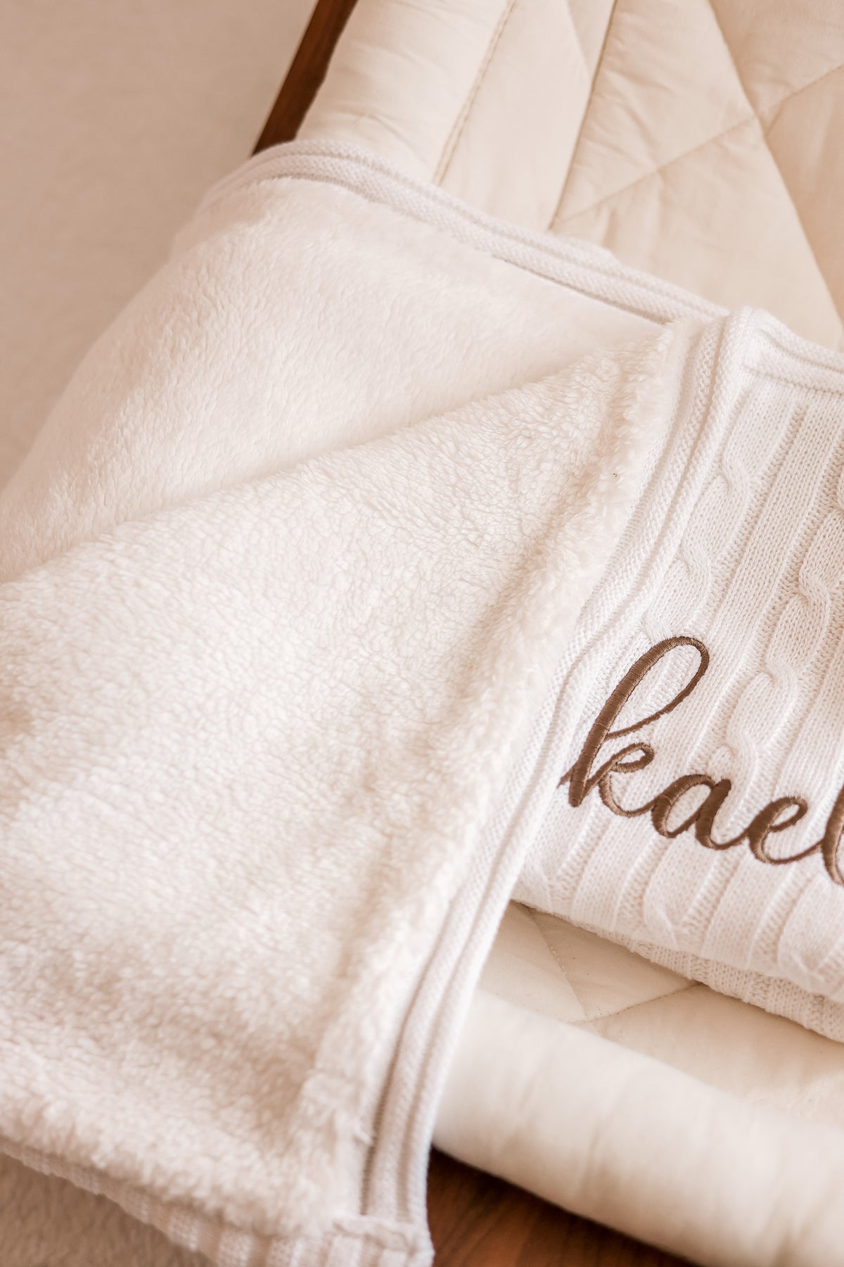 White Sherpa Lined Cable Knit Baby Blanket