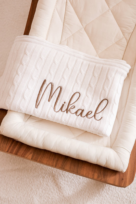 White Sherpa Lined Cable Knit Baby Blanket